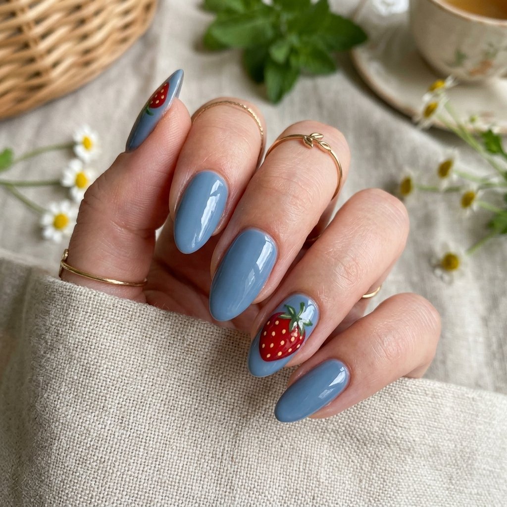 Dusty Blue Nails with Red Strawberry Accent