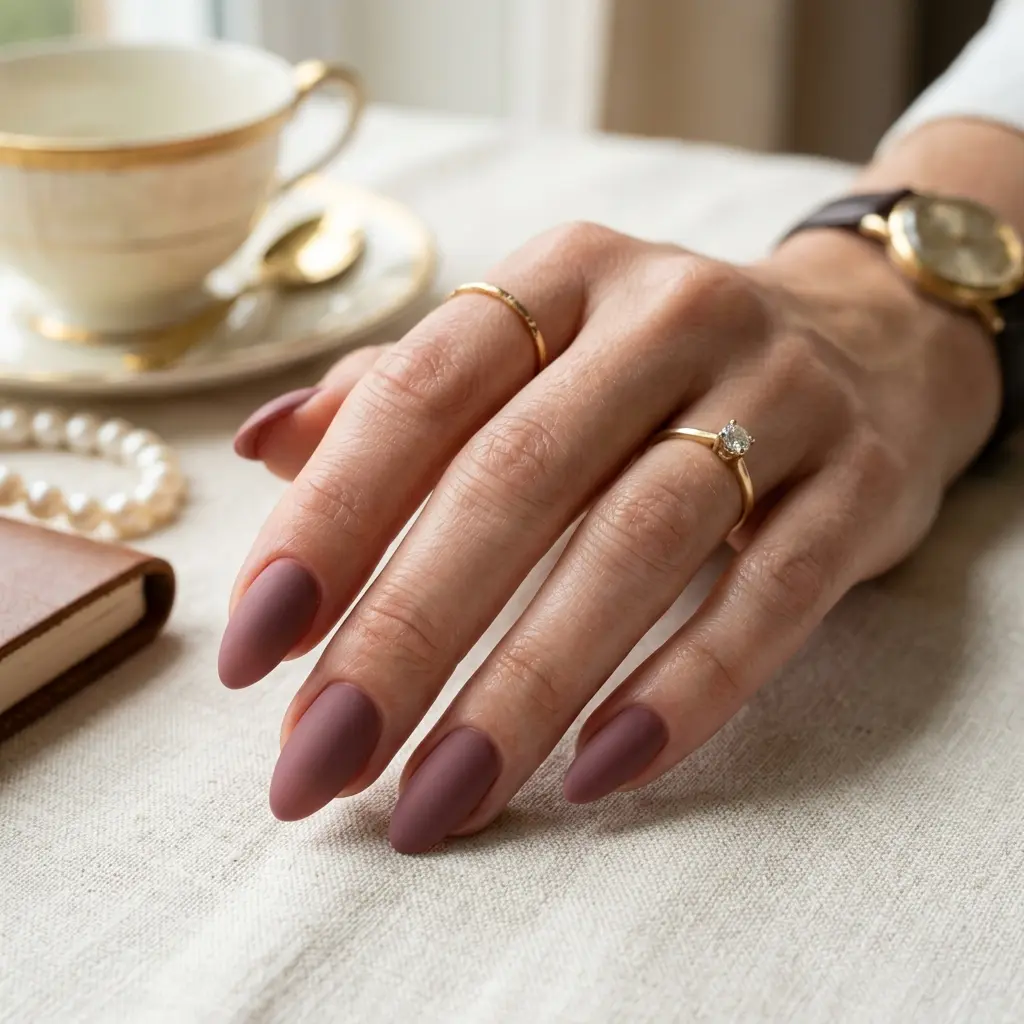 Deep Dusty Mauve Matte Almond Nails