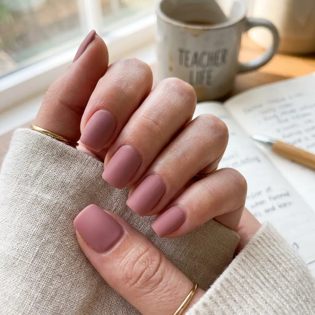 19 August Teacher Nails That Look Professional, Polished, and Chic 4 Dusty Rose Matte Short Square Nails