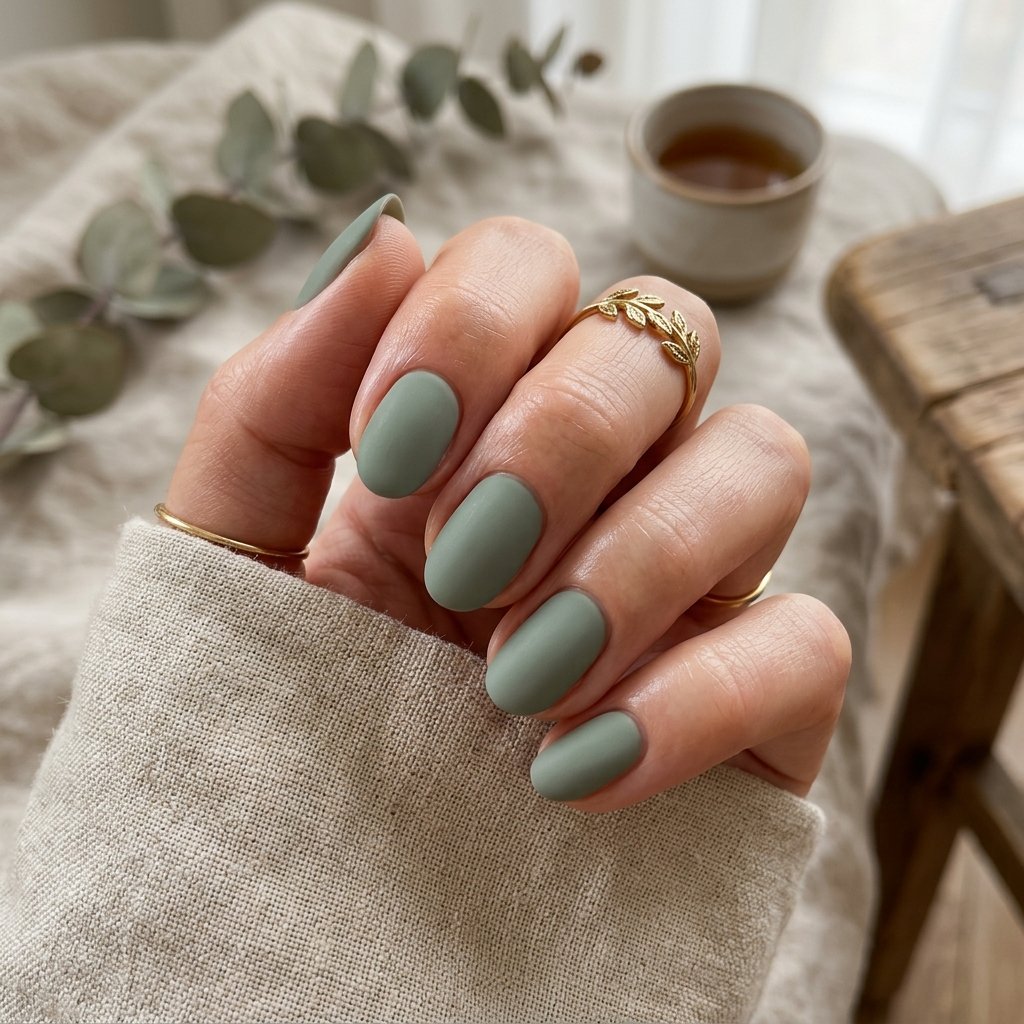 Dusty Sage Matte Short Oval Nails