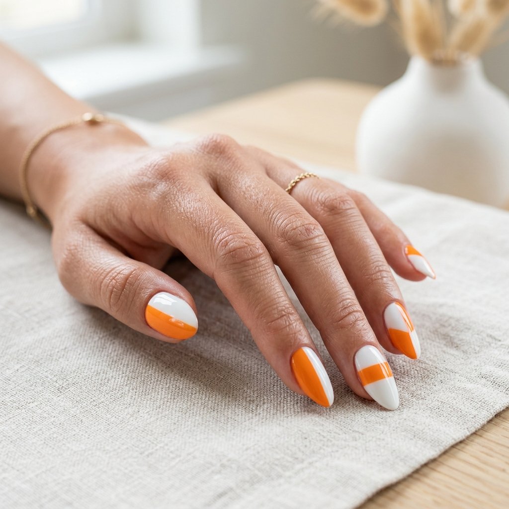 Orange And White Color Block Nails