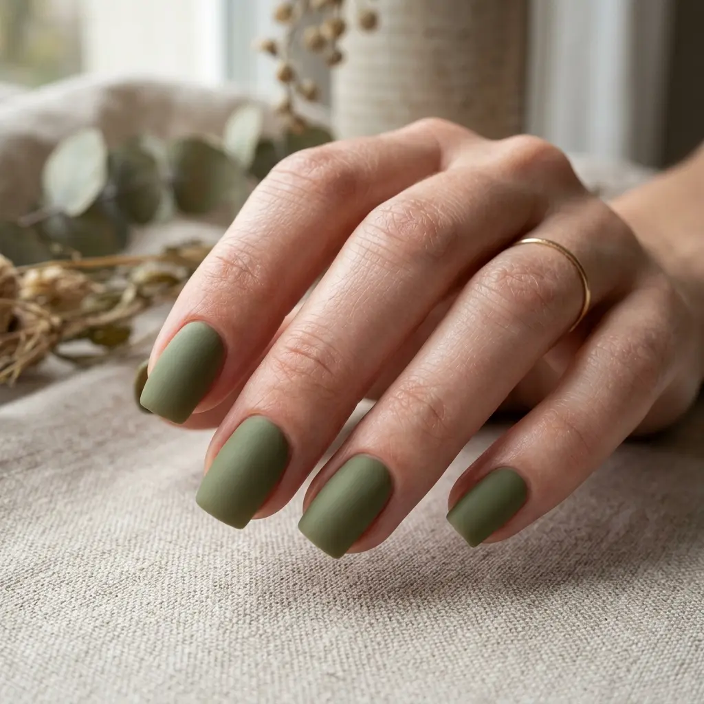 Olive Green Matte Short Square Nails