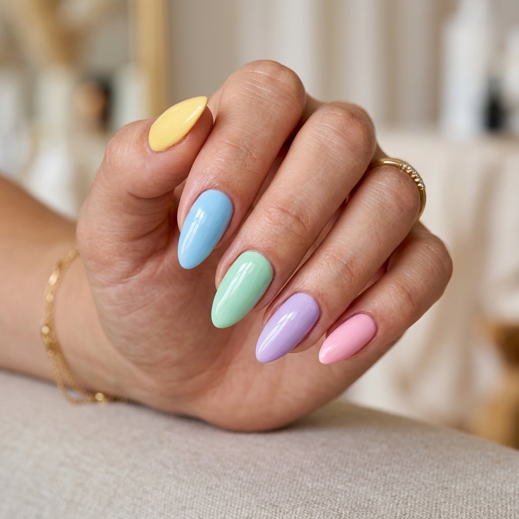 Mixed Pastel Almond Nails