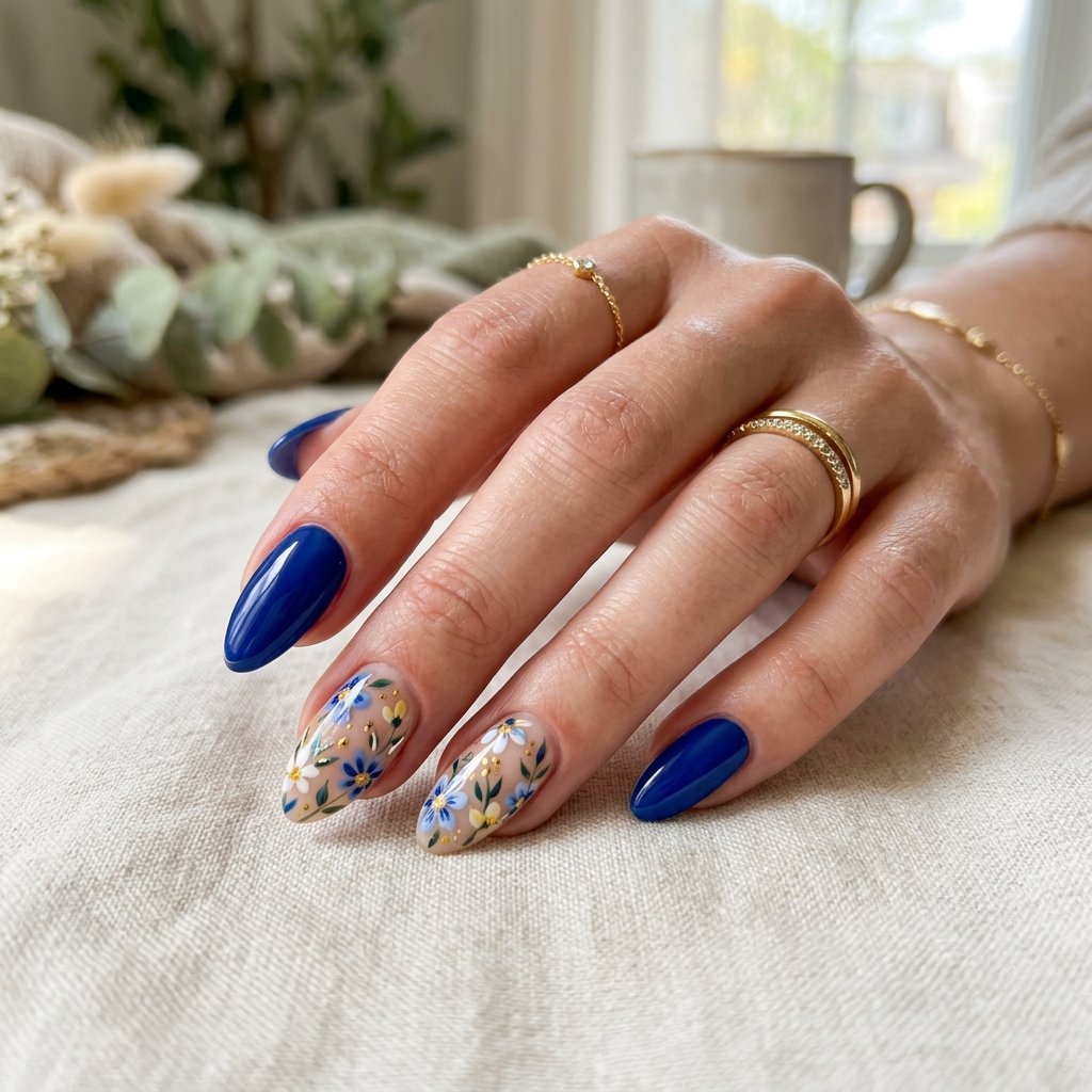 19 Blue Summer Nails Ideas to Refresh Your Seasonal Manicure 11 Royal Blue Floral Mix