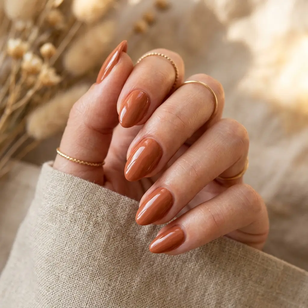 Warm Terracotta Glossy Short Almond Nails