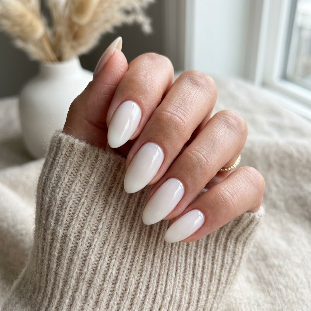 Milky White Almond Nails