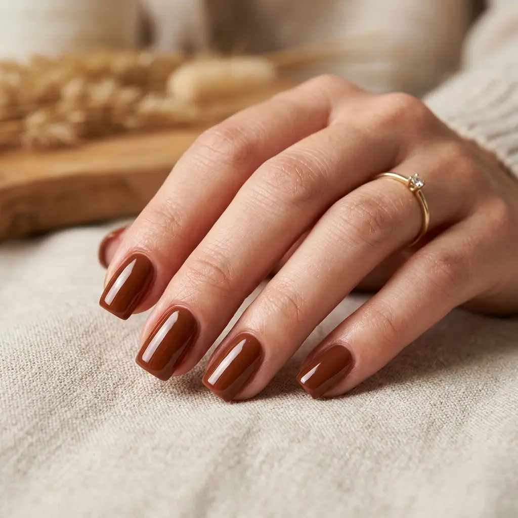 Warm Cinnamon Glossy Short Square Nails