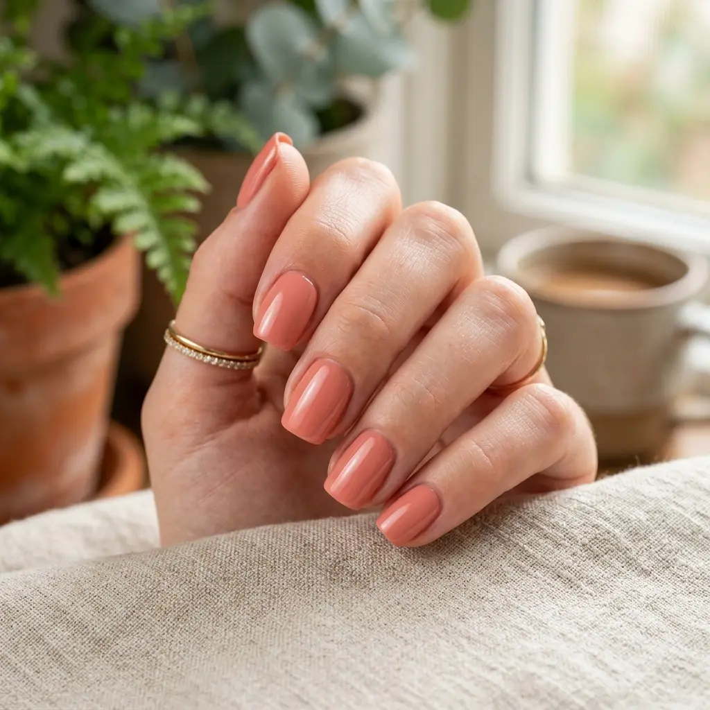 Muted Coral Glossy Short Square Nails