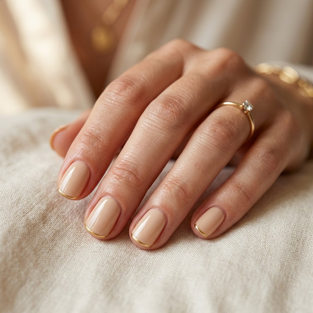 Cream Nails with a Fine Gold Tip Line