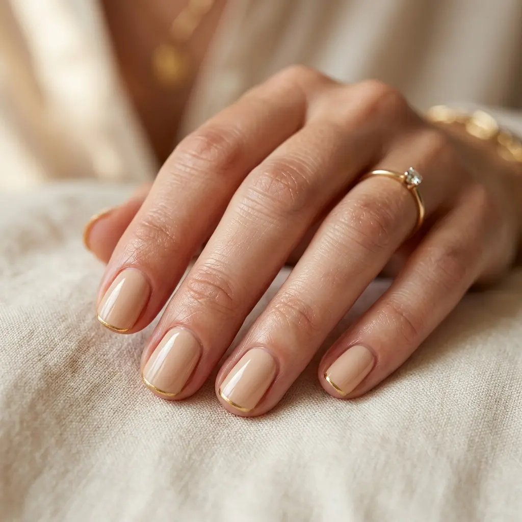 Cream Nails with a Fine Gold Tip Line