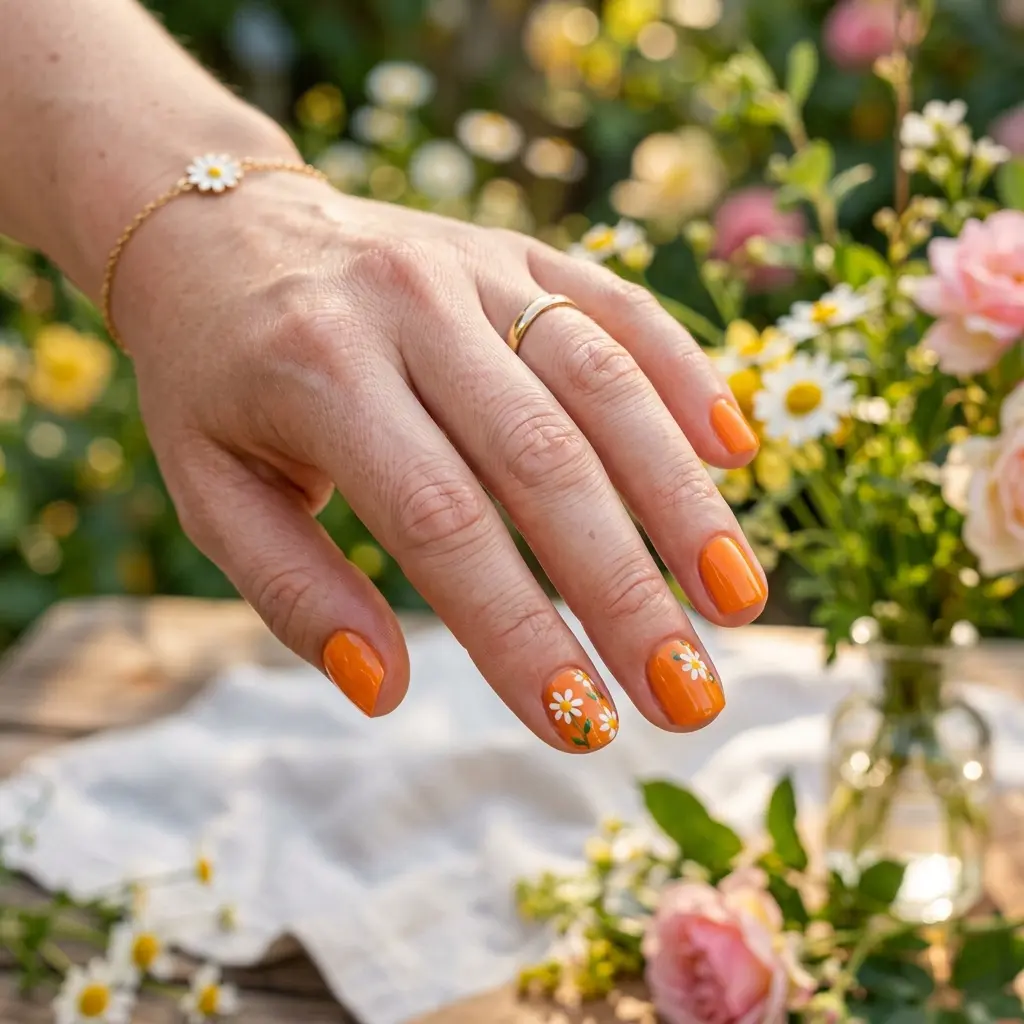 Orange Daisy Nails