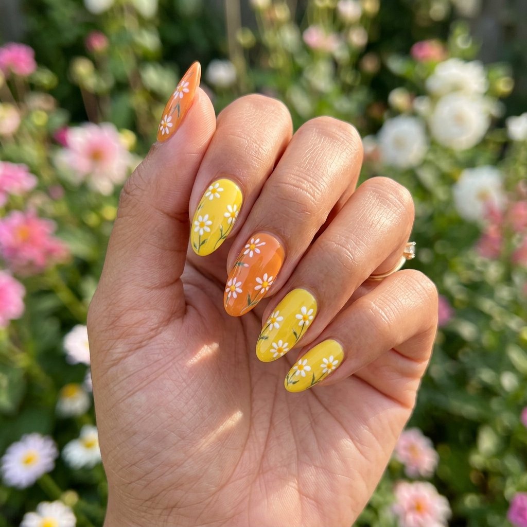 Orange And Yellow Daisy Nails