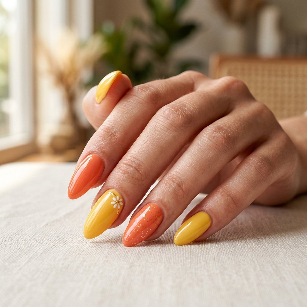 Almond Yellow And Orange Nails