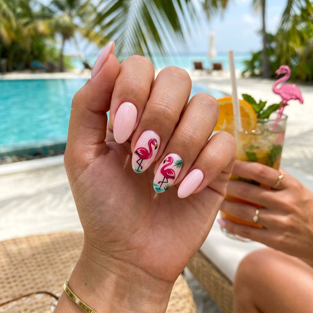 Flamingo Accent Nails on Pale Pink Base