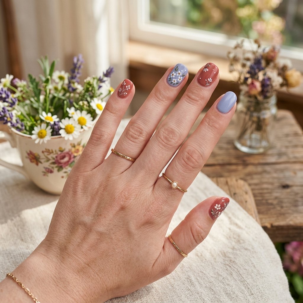 Dusty Red and Periwinkle Mixed Floral Nails
