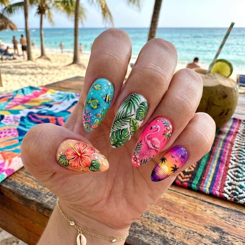 Full Tropical Scene Maximalist Nails