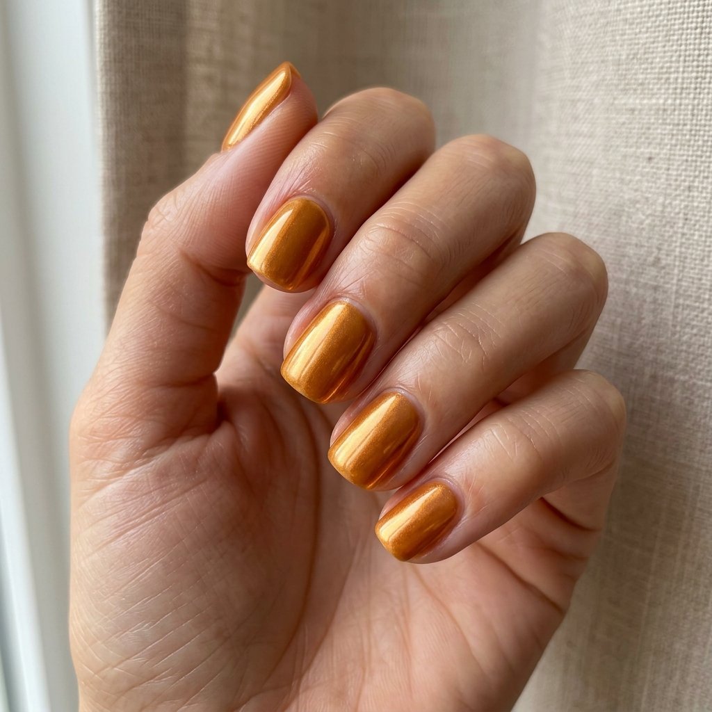 Glazed Warm Amber Chrome Short Nails