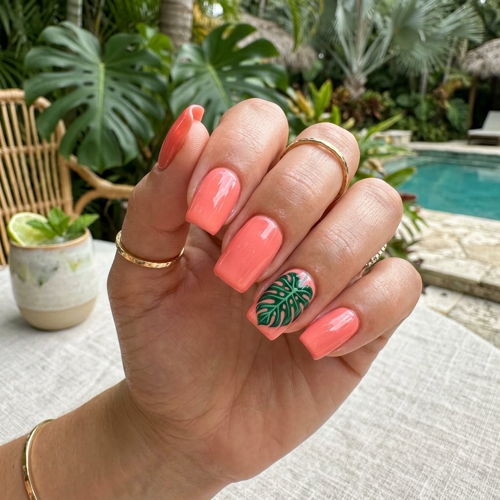 Glazed Coral with Monstera Leaf Detail