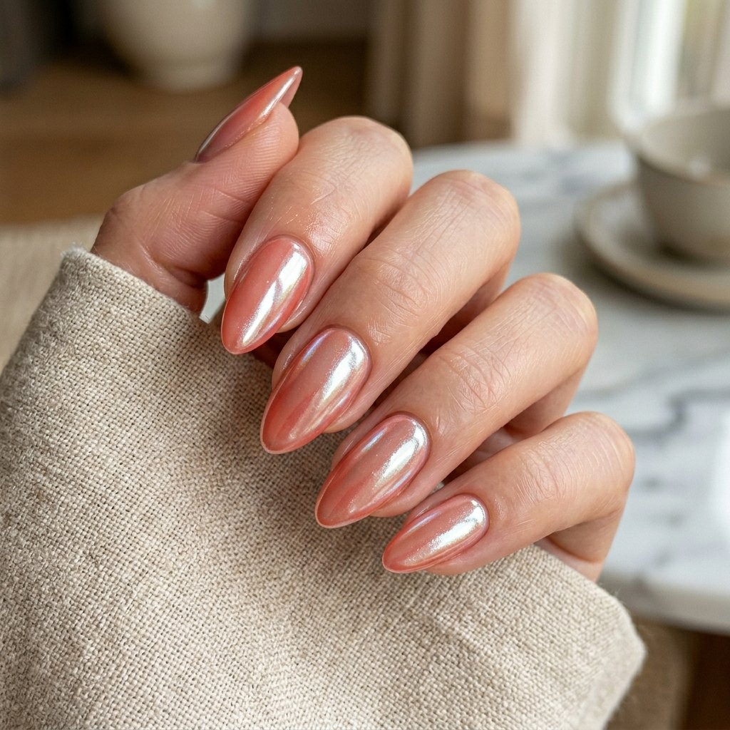 Glazed Deep Coral Almond Nails
