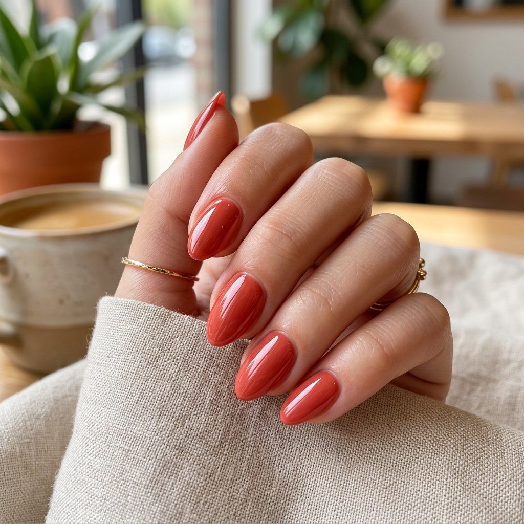 Glazed Deep Coral Short Almond Nails