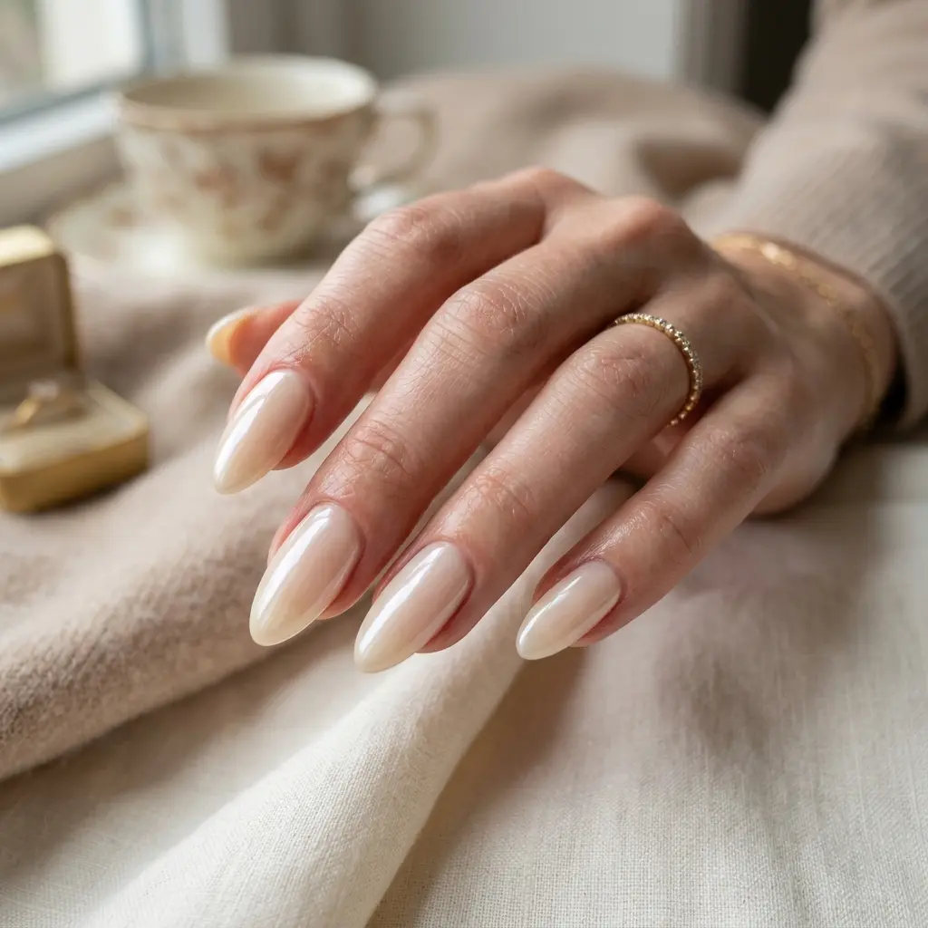 Glazed Warm Ivory Almond Nails