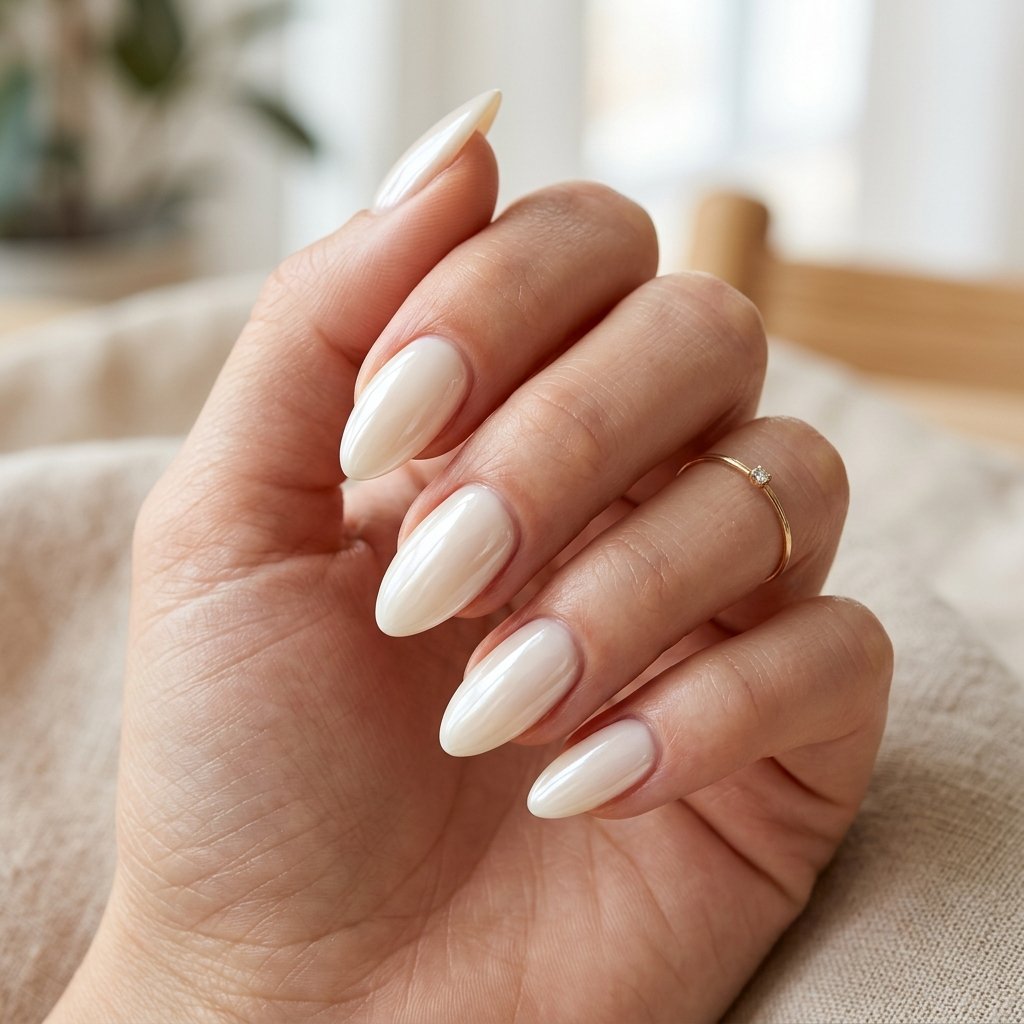 Glazed Warm Ivory Almond Nails