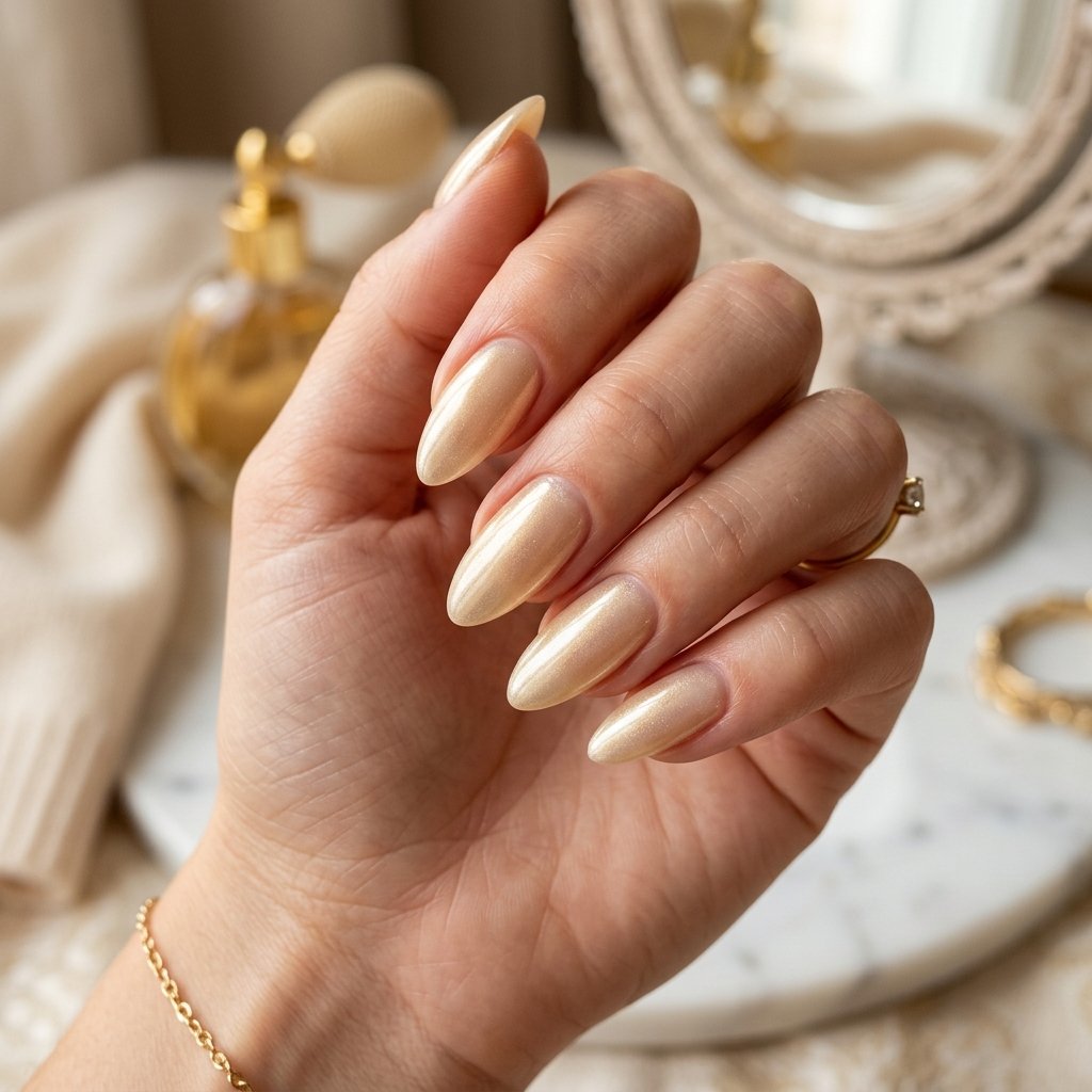 Glazed Pale Gold Almond Nails