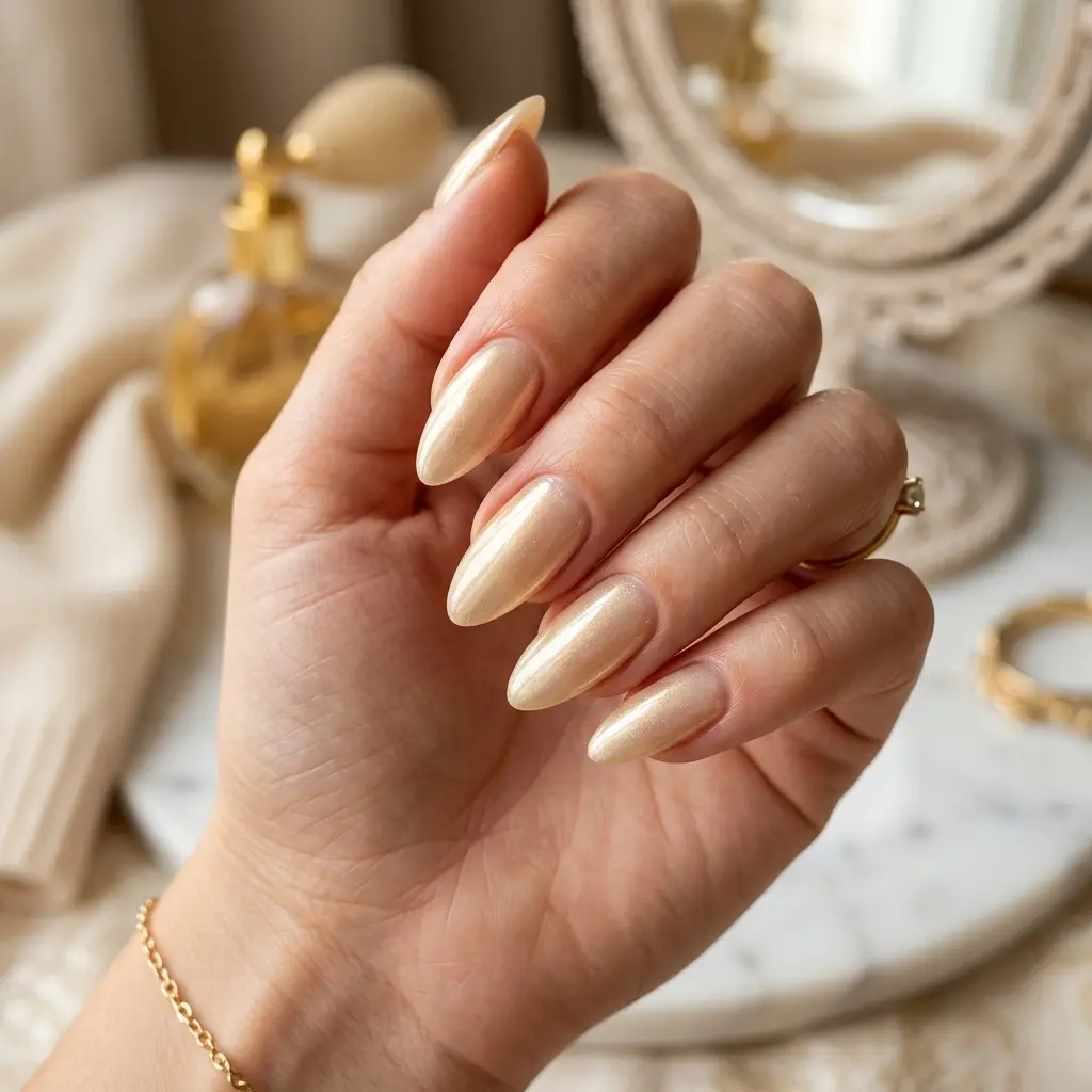 Glazed Pale Gold Almond Nails