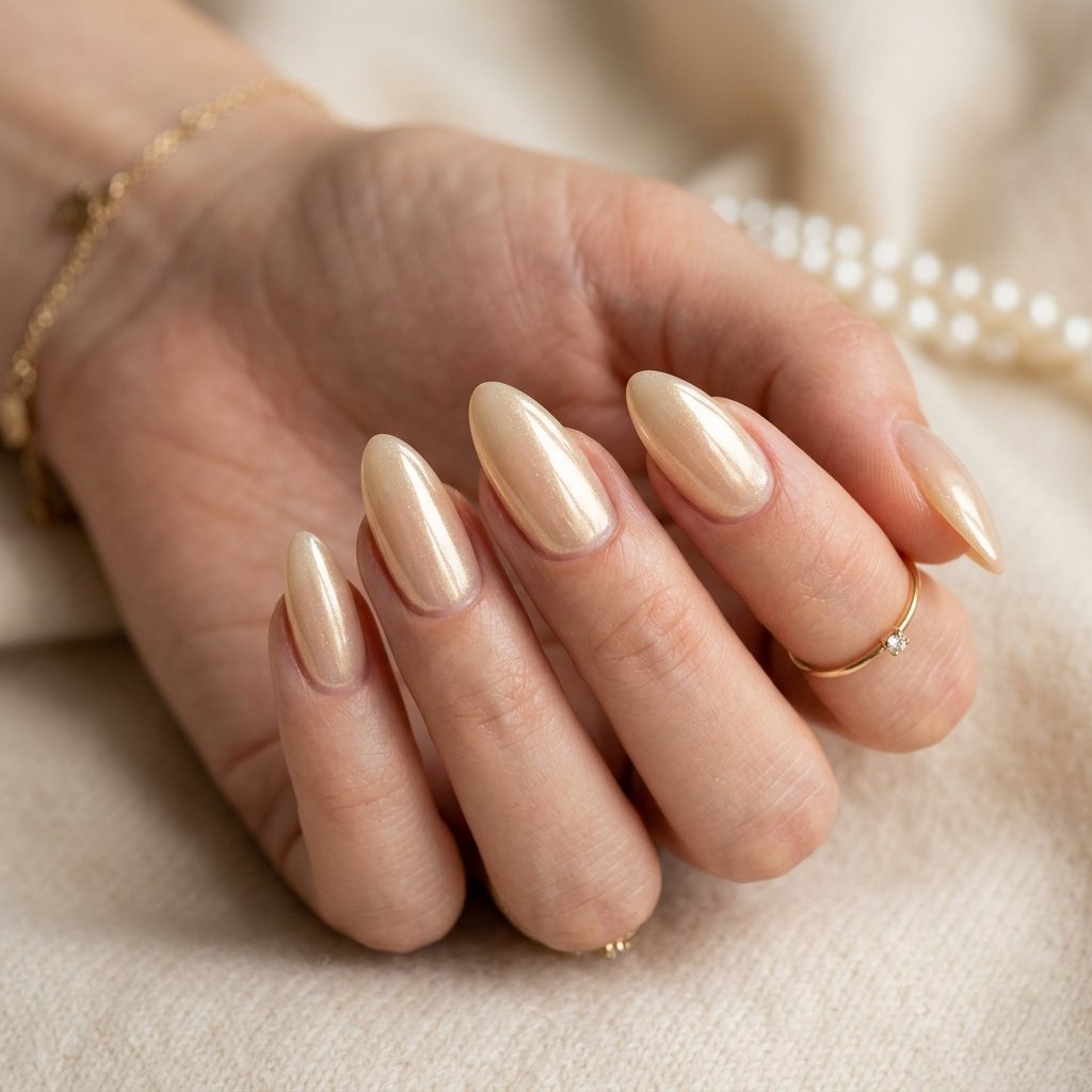 Glazed Pale Gold Almond Nails