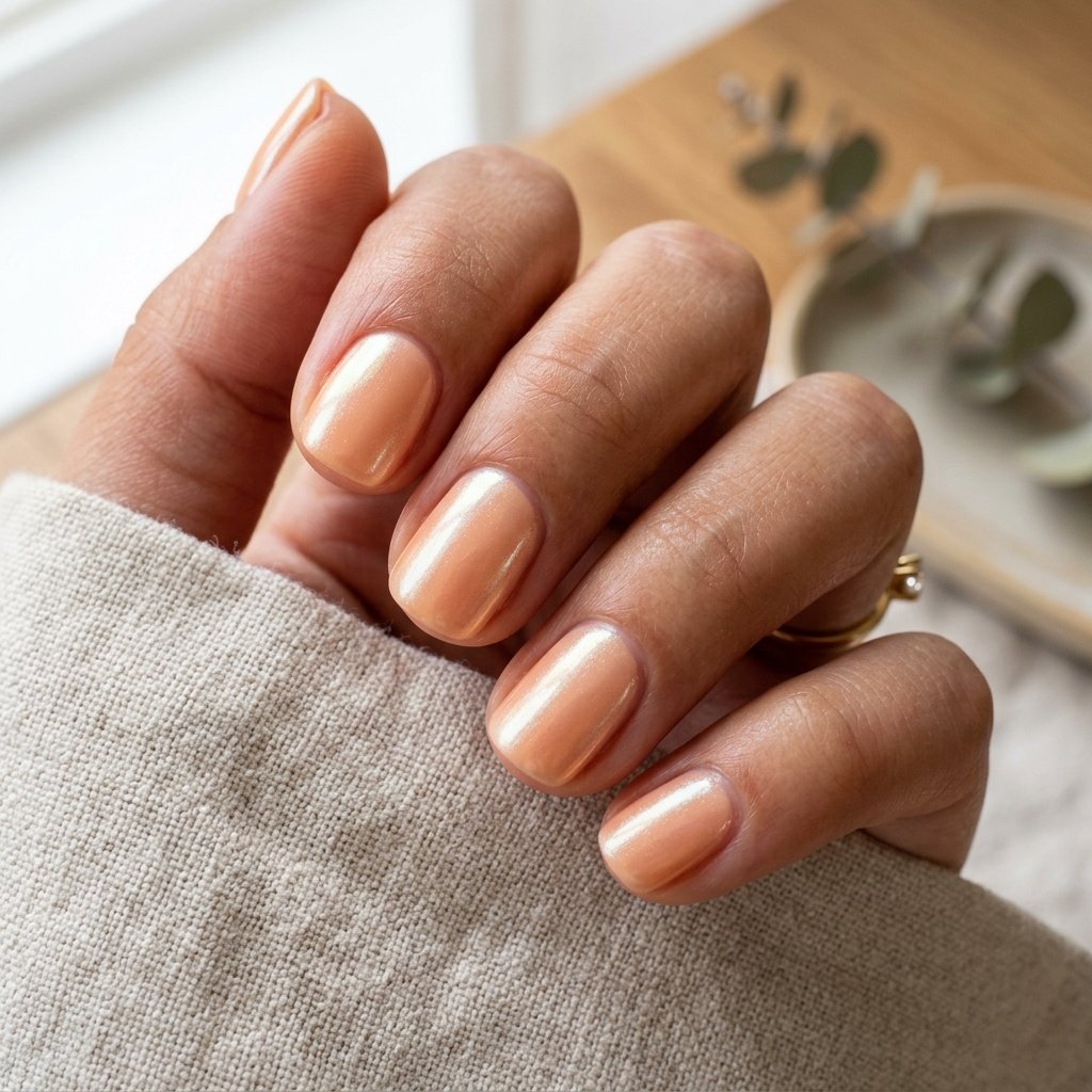 Glazed Peach With Pearl Shimmer Short Nails