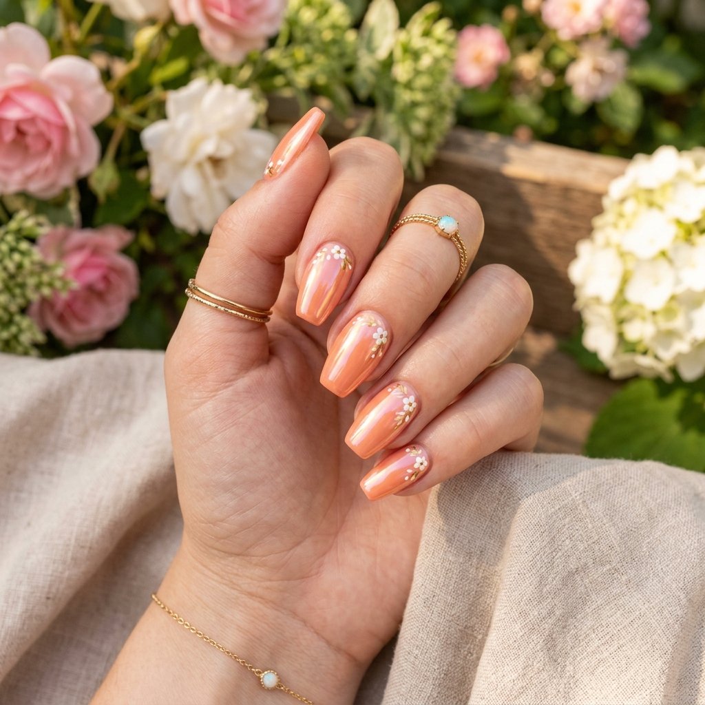 Glazed Peach Short Coffin Nails with Tiny Florals