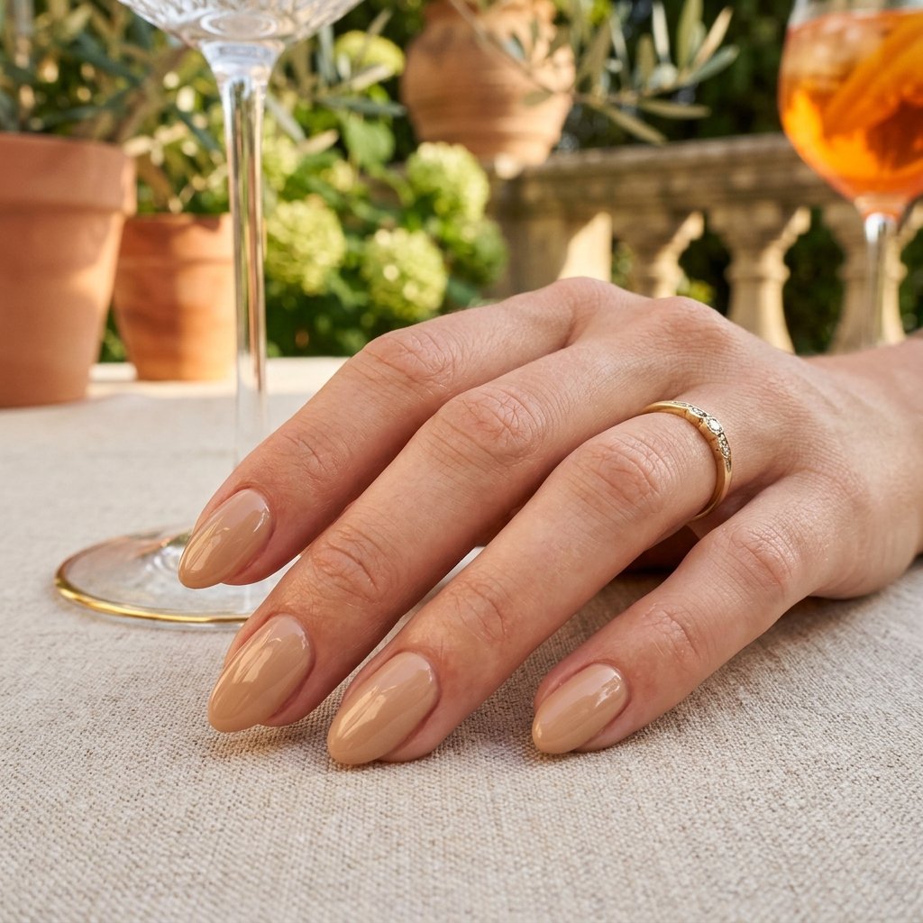 Glazed Sandy Beige Short Almond Nails