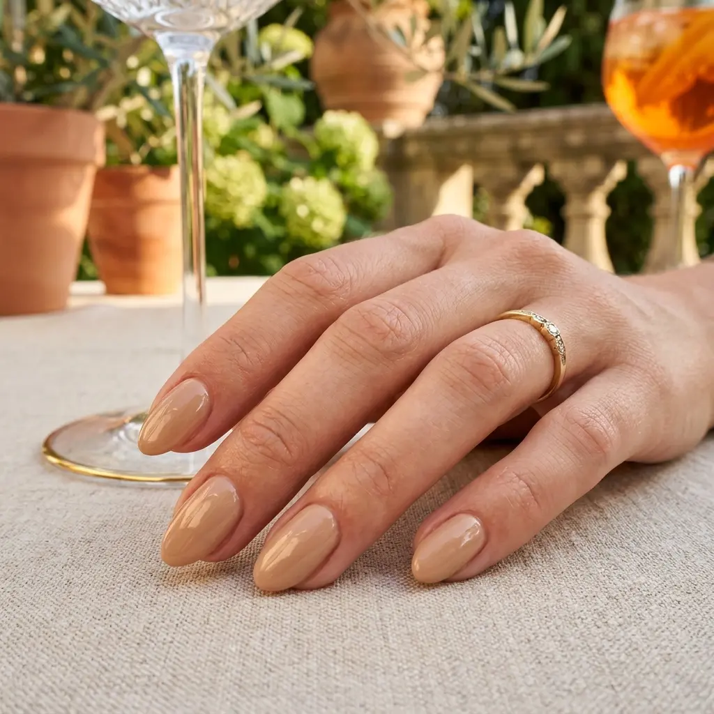 Glazed Sandy Beige Short Almond Nails