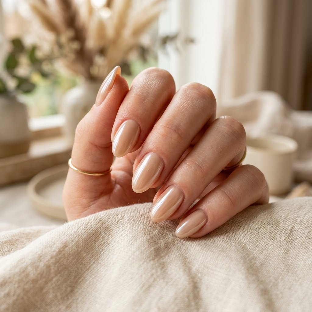 Glazed Sandy Beige Short Almond Nails