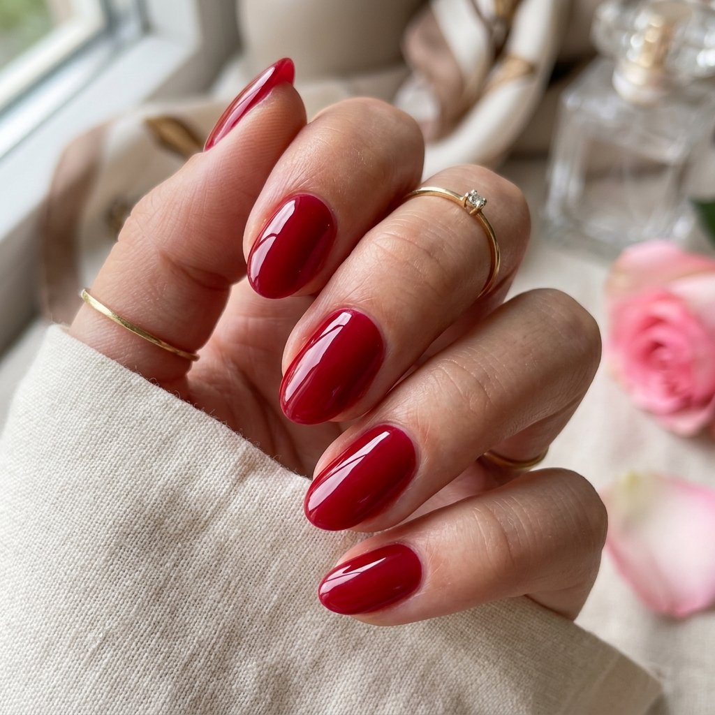 Glazed Strawberry Red Short Oval Nails