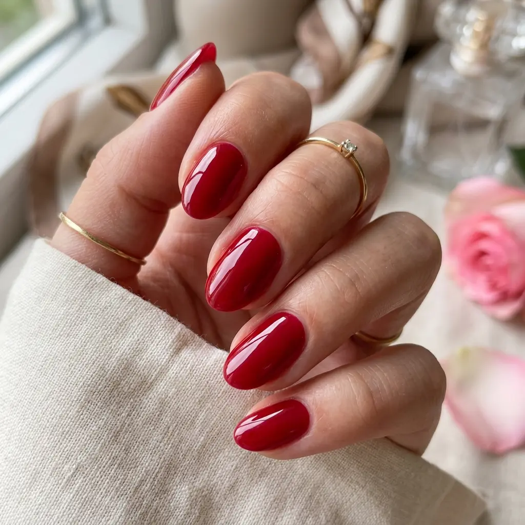 Glazed Strawberry Red Short Oval Nails