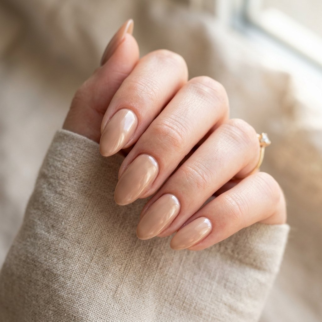 Glazed Warm Beige Short Almond Nails