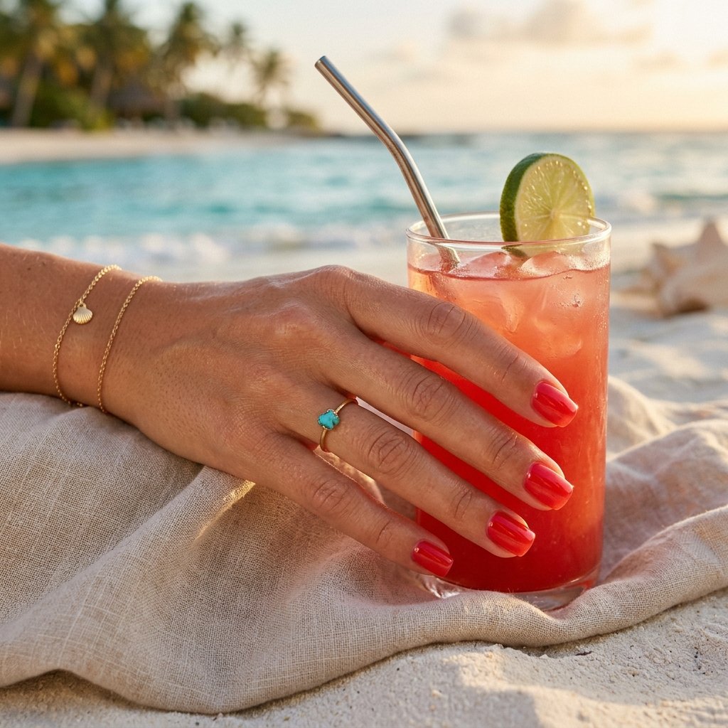 Glazed Watermelon Red Short Square Nails
