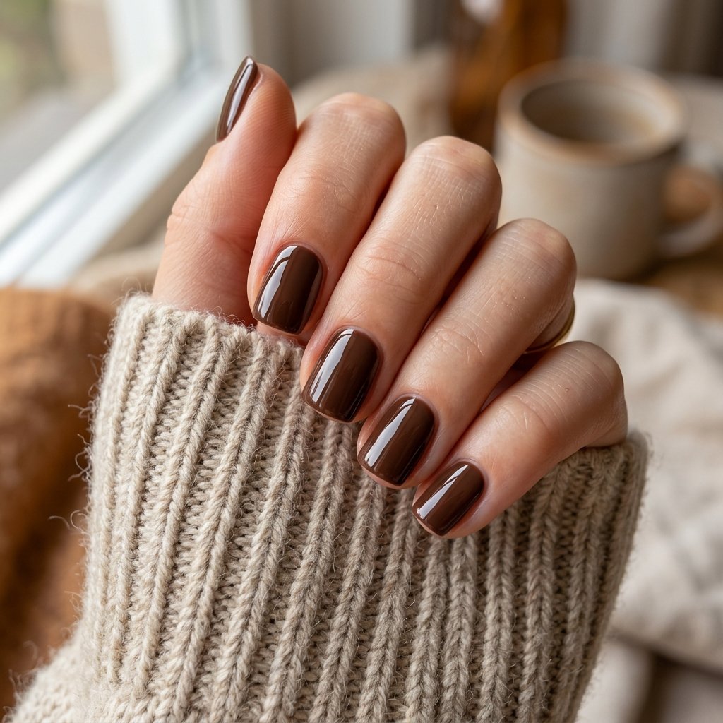 Glossy Chocolate Brown Square Nails