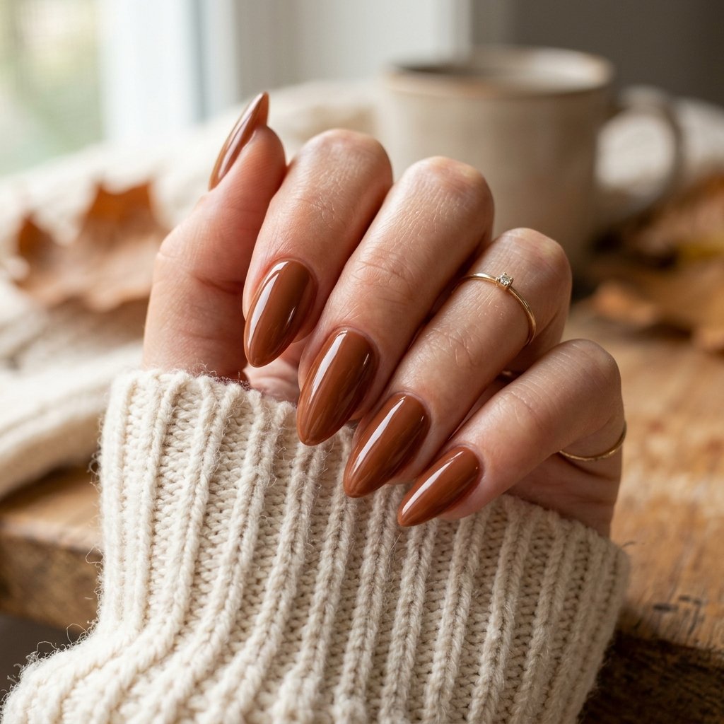 Glossy Cinnamon Brown Nails