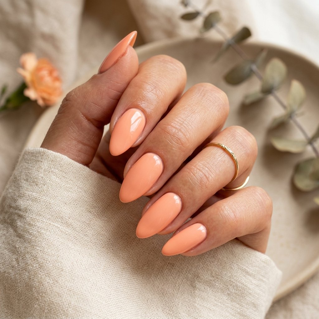 Glossy Peach Almond Nails