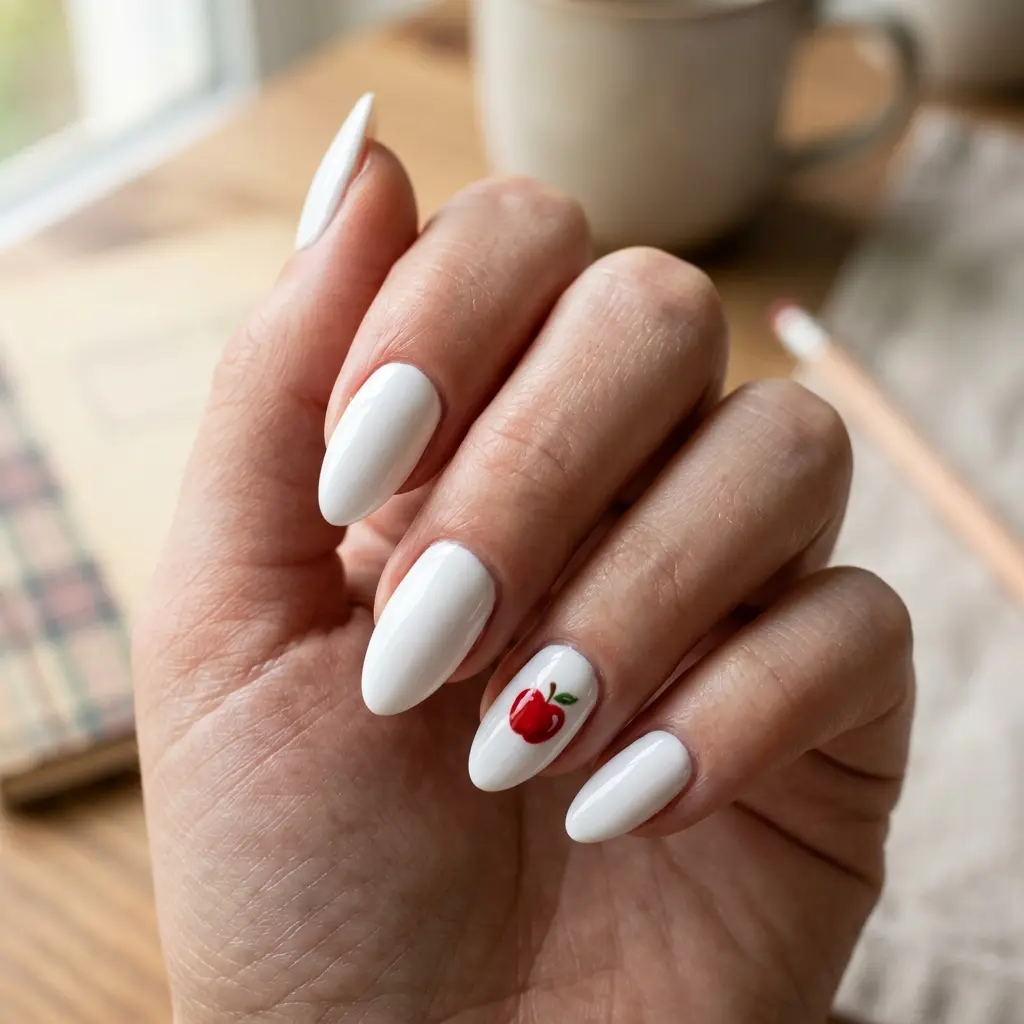 White Nails with Apple Accent Detail