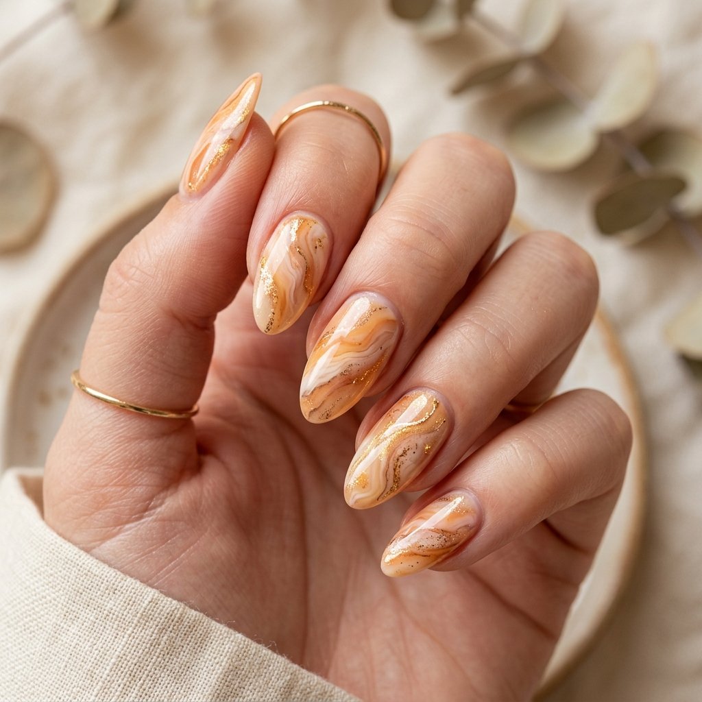 Golden Peach Marble Nails