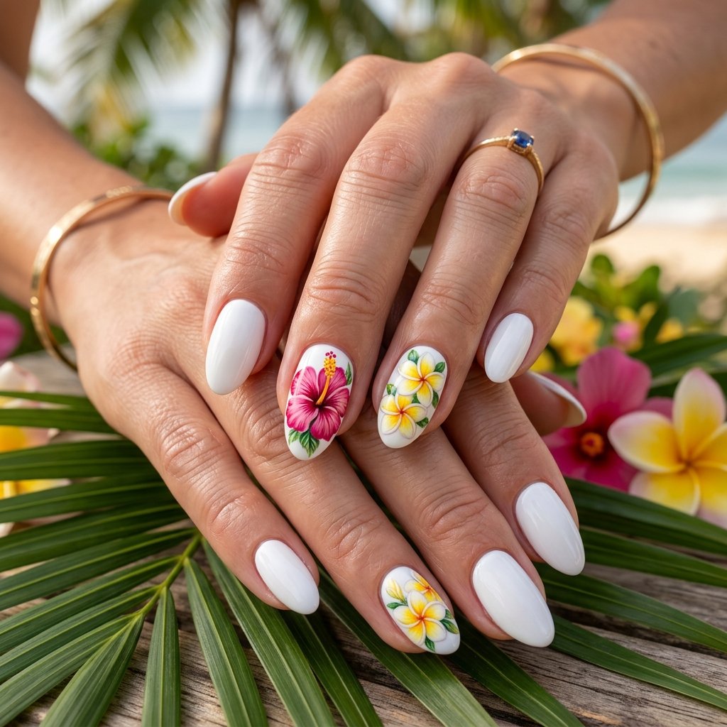 Hibiscus and Plumeria Mixed Floral Nails