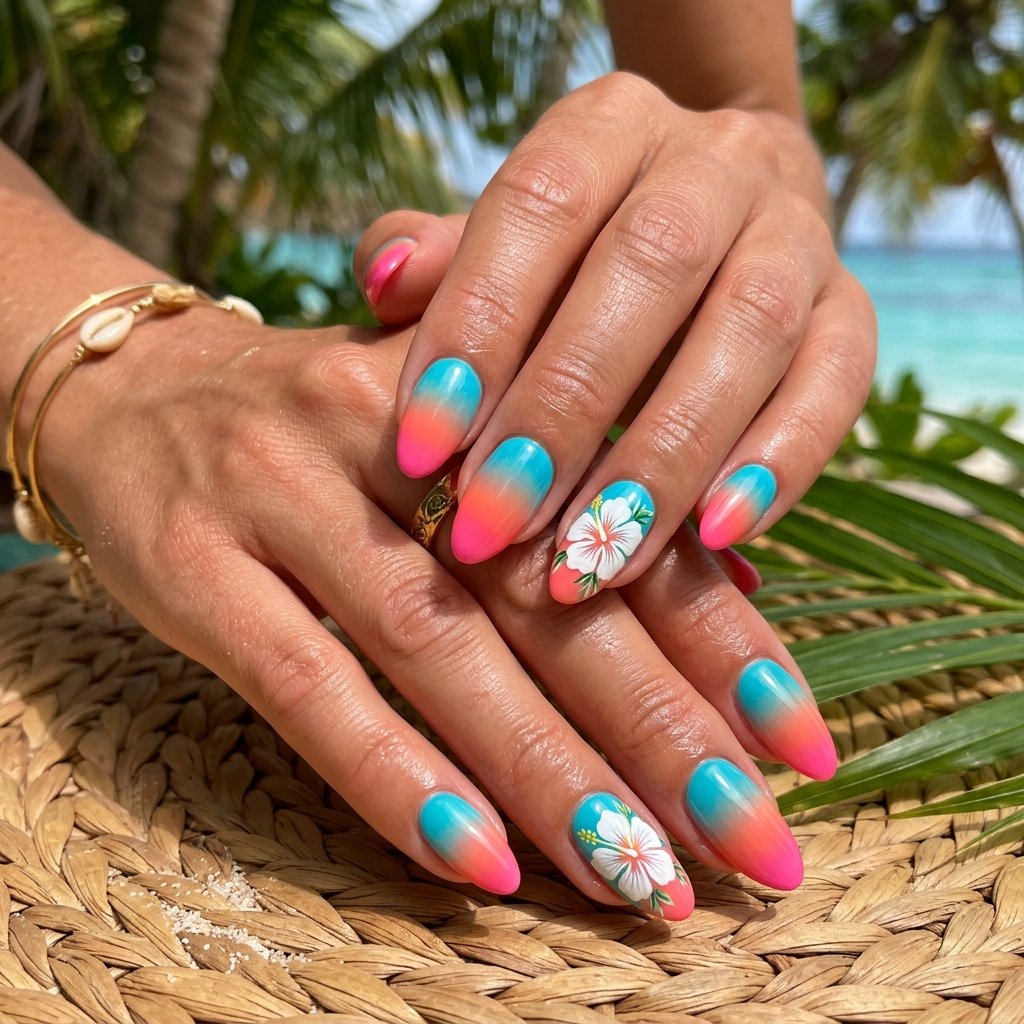 Hibiscus Nails with Tropical Gradient Base
