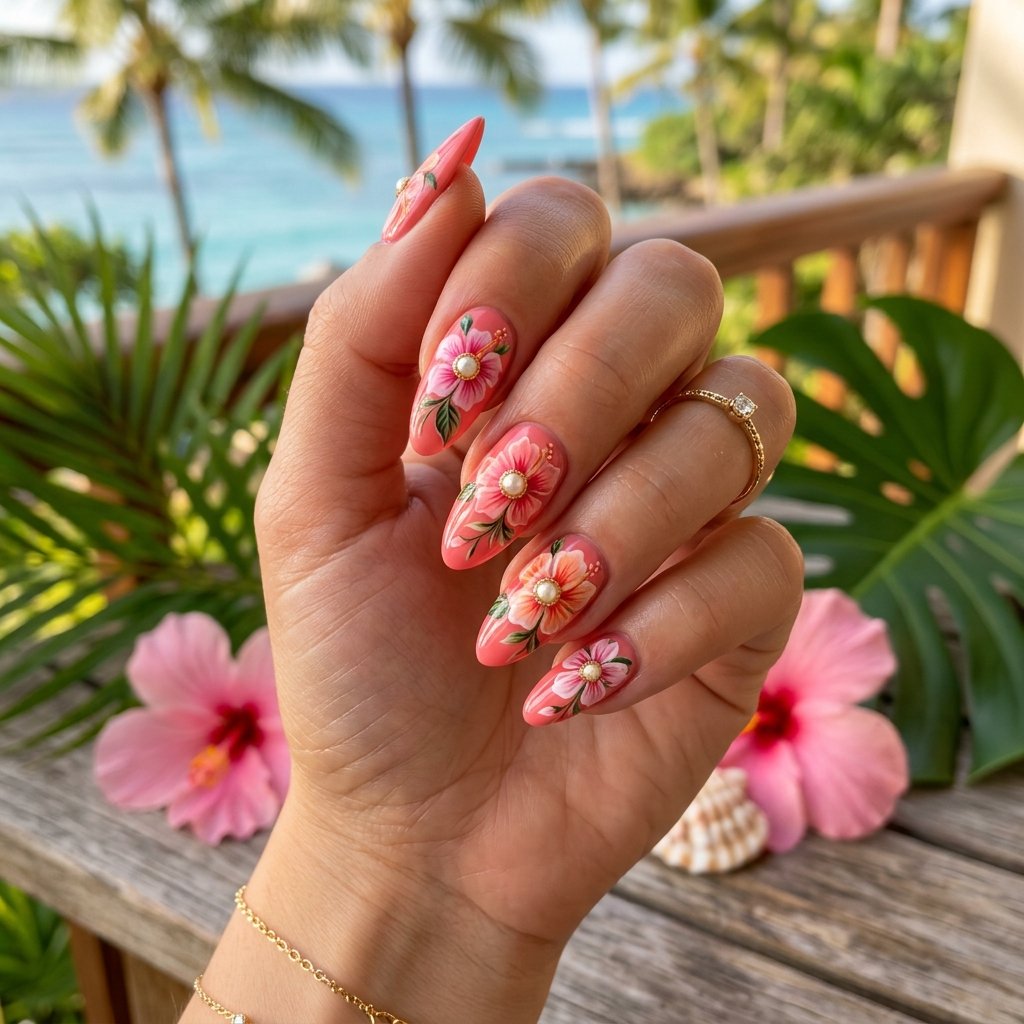 Hibiscus Nails with Pearl Center Detail
