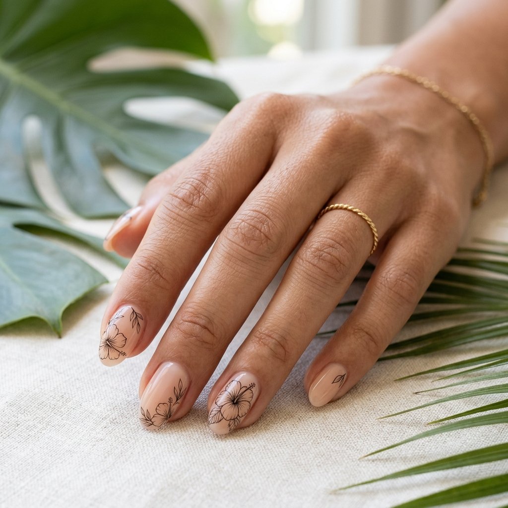 Minimalist Hibiscus Outline Nails