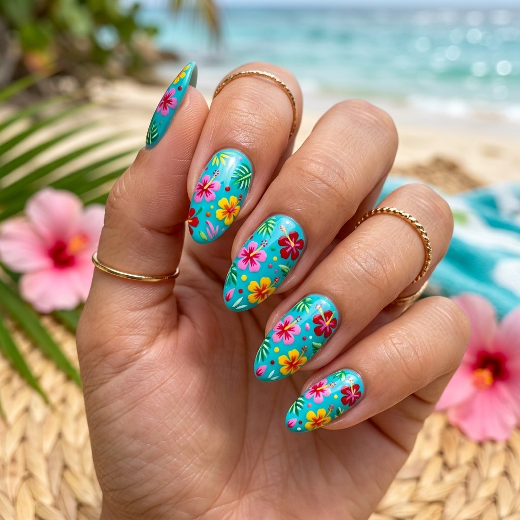 Hibiscus Pattern Print Nails