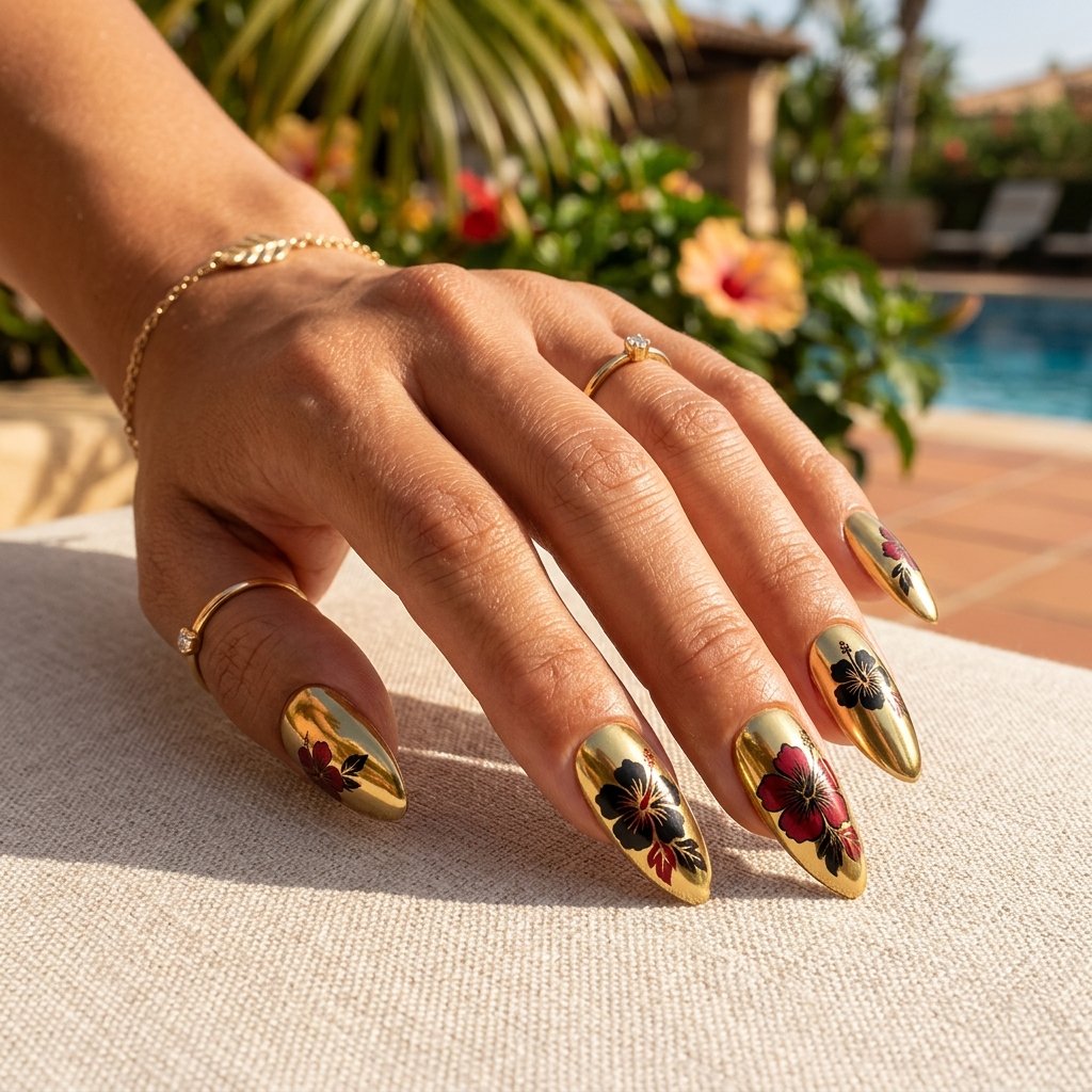 Hibiscus Stamped on Chrome Nails
