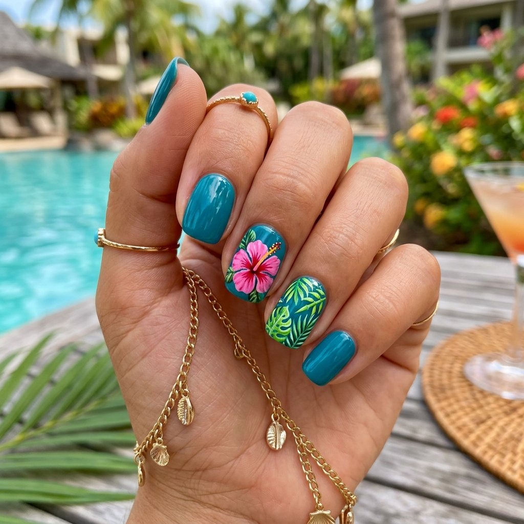 Hibiscus and Tropical Leaves Mixed Accent Nails
